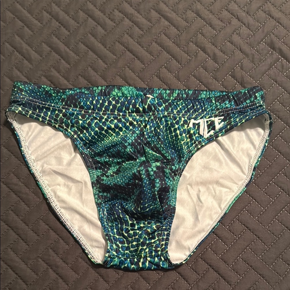 Men’s MCE Green and Blue Snakeskin Print Swim Briefs